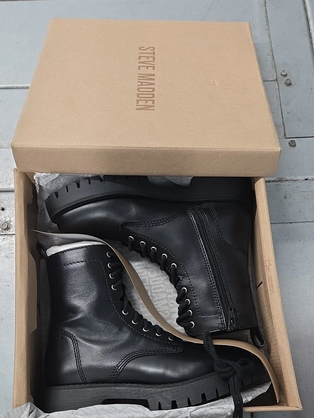 Steve Madden Black Leather Lace-Up Combat Boots with Side Zipper